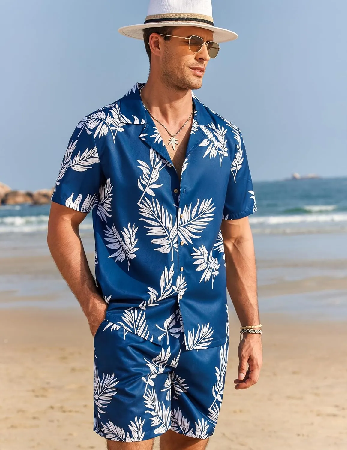 COOFANDY Men's Hawaiian Matching Shirt and Shorts Set Summer Beach 2 Piece Outfits Short Sleeve Cuban Shirts and Shorts