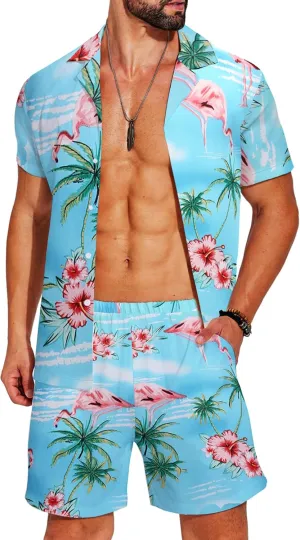 COOFANDY Men's Hawaiian Matching Shirt and Shorts Set Summer Beach 2 Piece Outfits Short Sleeve Cuban Shirts and Shorts