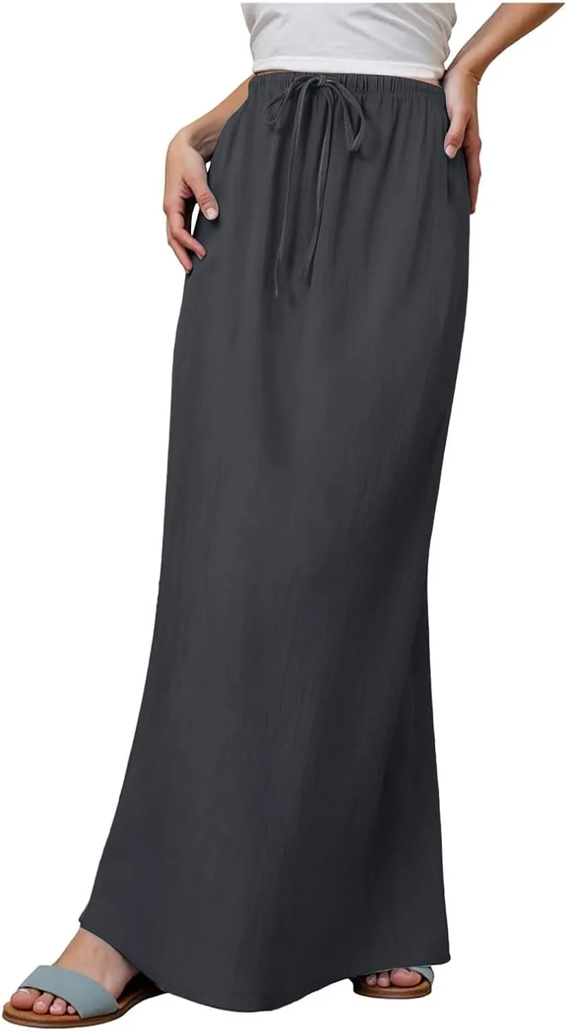 cooki Linen Flared Maxi Skirts for Women Summer Casual Vacation Boho Elastic Waist Drawstring Long Flowy Ankle-Length Skirt