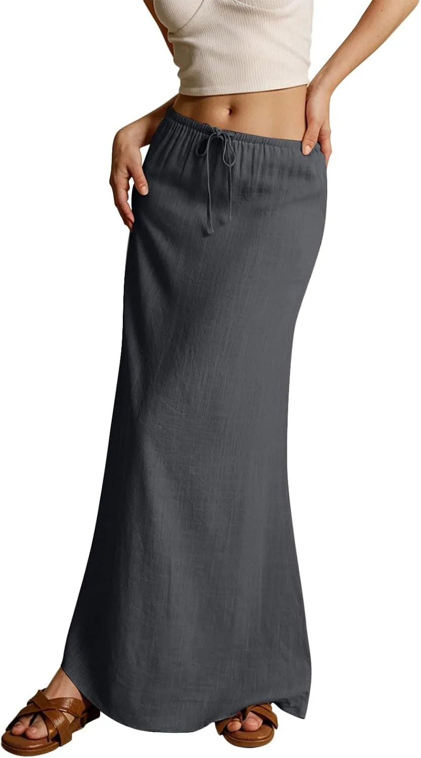 cooki Linen Flared Maxi Skirts for Women Summer Casual Vacation Boho Elastic Waist Drawstring Long Flowy Ankle-Length Skirt