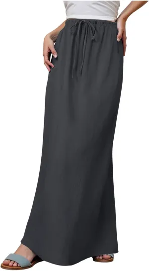 cooki Linen Flared Maxi Skirts for Women Summer Casual Vacation Boho Elastic Waist Drawstring Long Flowy Ankle-Length Skirt
