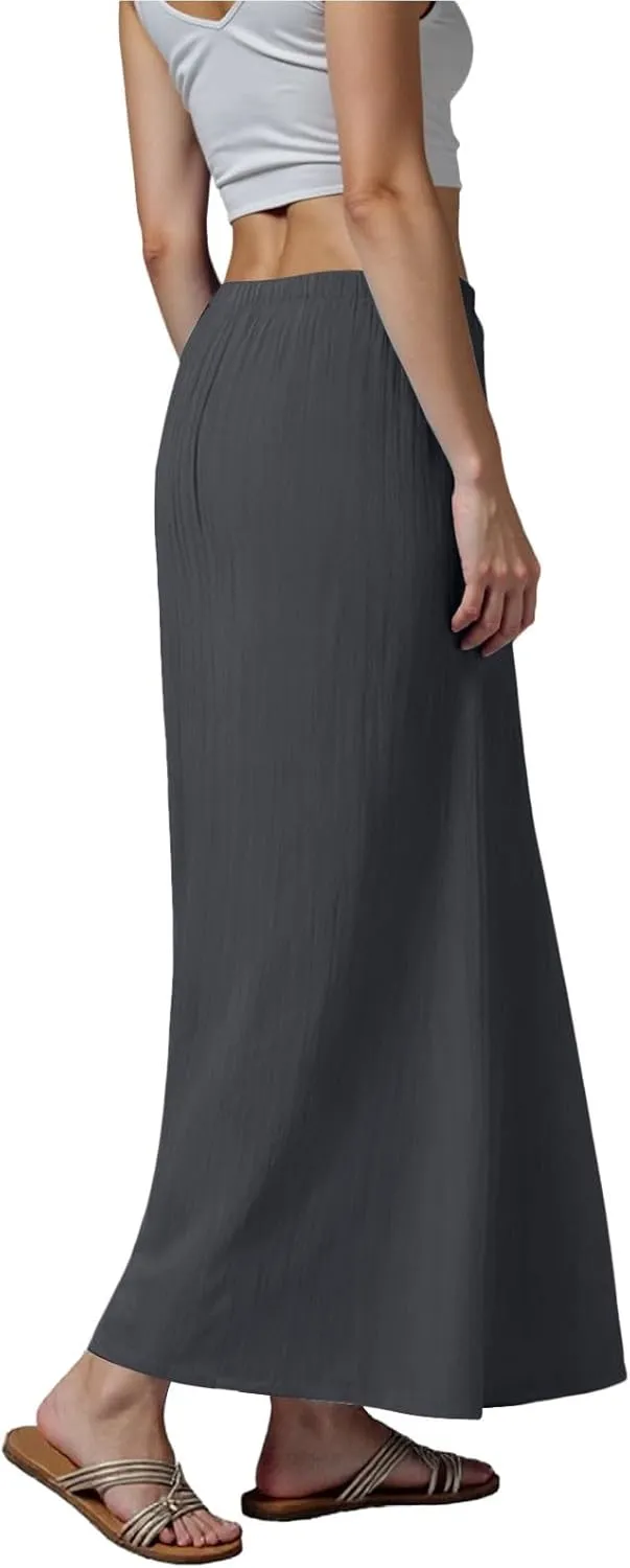 cooki Linen Flared Maxi Skirts for Women Summer Casual Vacation Boho Elastic Waist Drawstring Long Flowy Ankle-Length Skirt