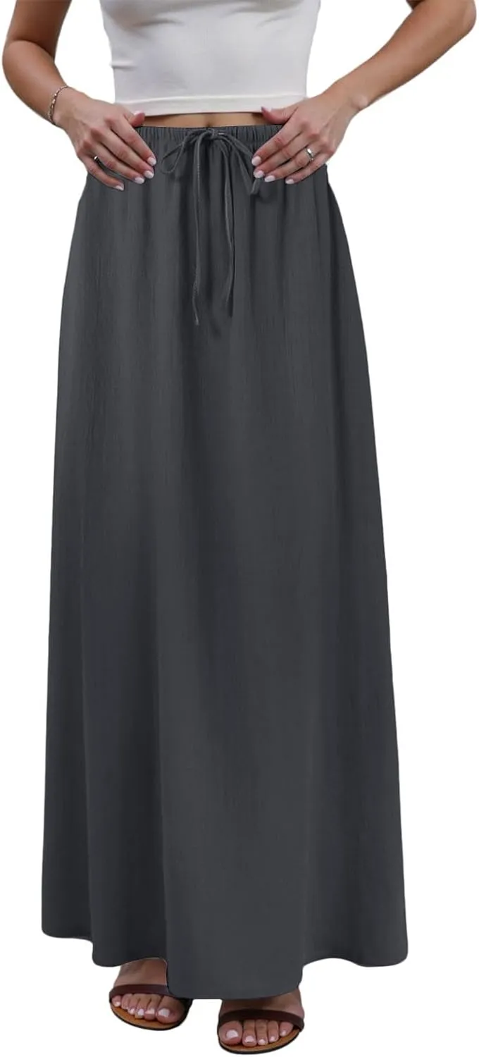 cooki Linen Flared Maxi Skirts for Women Summer Casual Vacation Boho Elastic Waist Drawstring Long Flowy Ankle-Length Skirt
