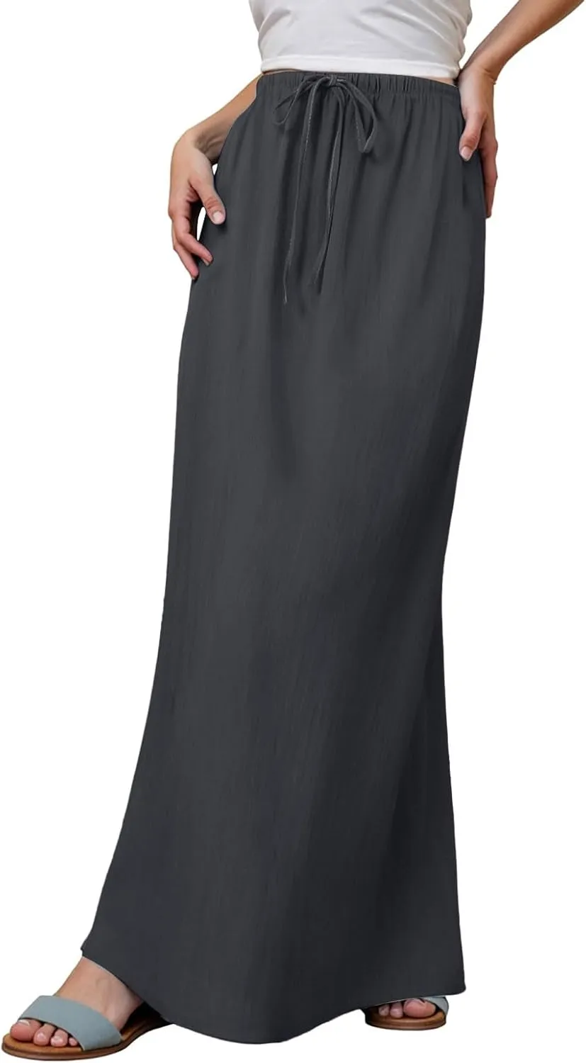cooki Linen Flared Maxi Skirts for Women Summer Casual Vacation Boho Elastic Waist Drawstring Long Flowy Ankle-Length Skirt