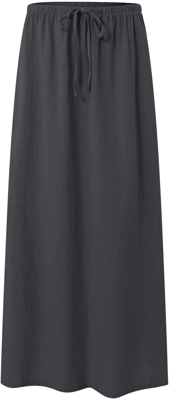 cooki Linen Flared Maxi Skirts for Women Summer Casual Vacation Boho Elastic Waist Drawstring Long Flowy Ankle-Length Skirt