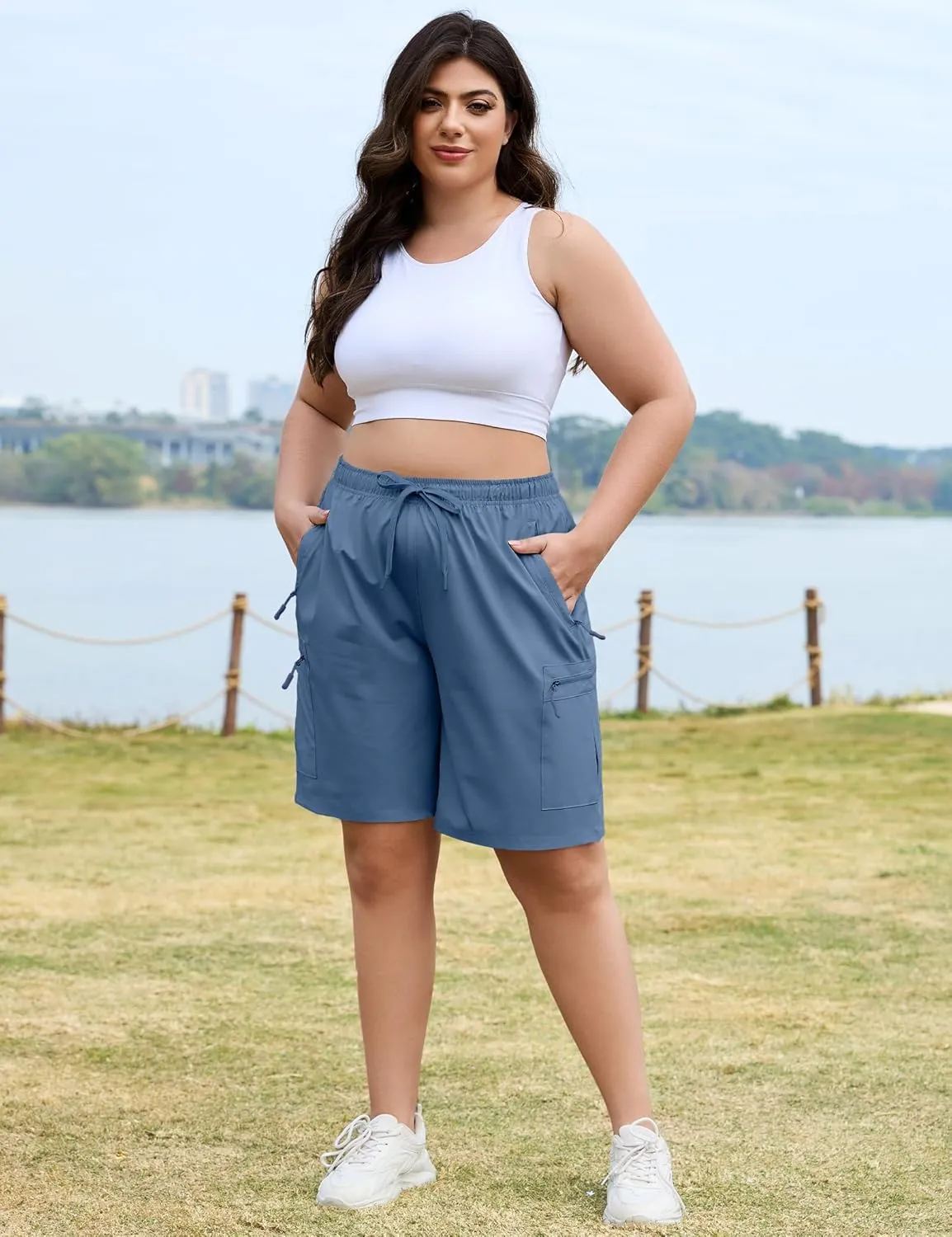 COOTRY Women's Plus Size 9'' Hiking Cargo Shorts Quick Dry Athletic Summer Shorts for Travel Golf with Zipper Pockets