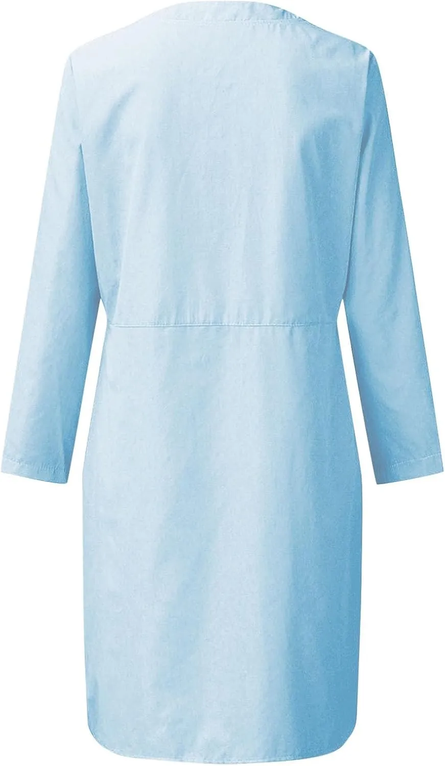 Cotton Linen Dresses for Women with Pockets Button Shirt Dress Long Sleeve Crewneck Plus Size Knee Length Dress 2025