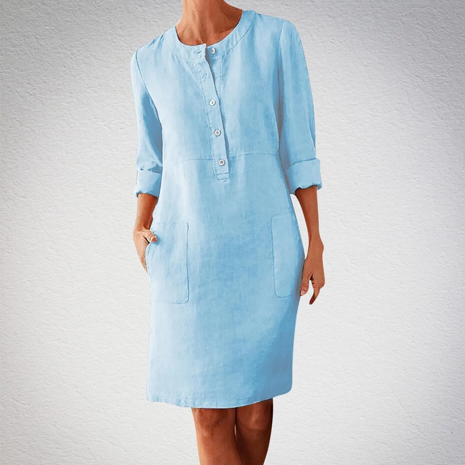 Cotton Linen Dresses for Women with Pockets Button Shirt Dress Long Sleeve Crewneck Plus Size Knee Length Dress 2025