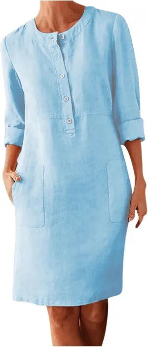 Cotton Linen Dresses for Women with Pockets Button Shirt Dress Long Sleeve Crewneck Plus Size Knee Length Dress 2025