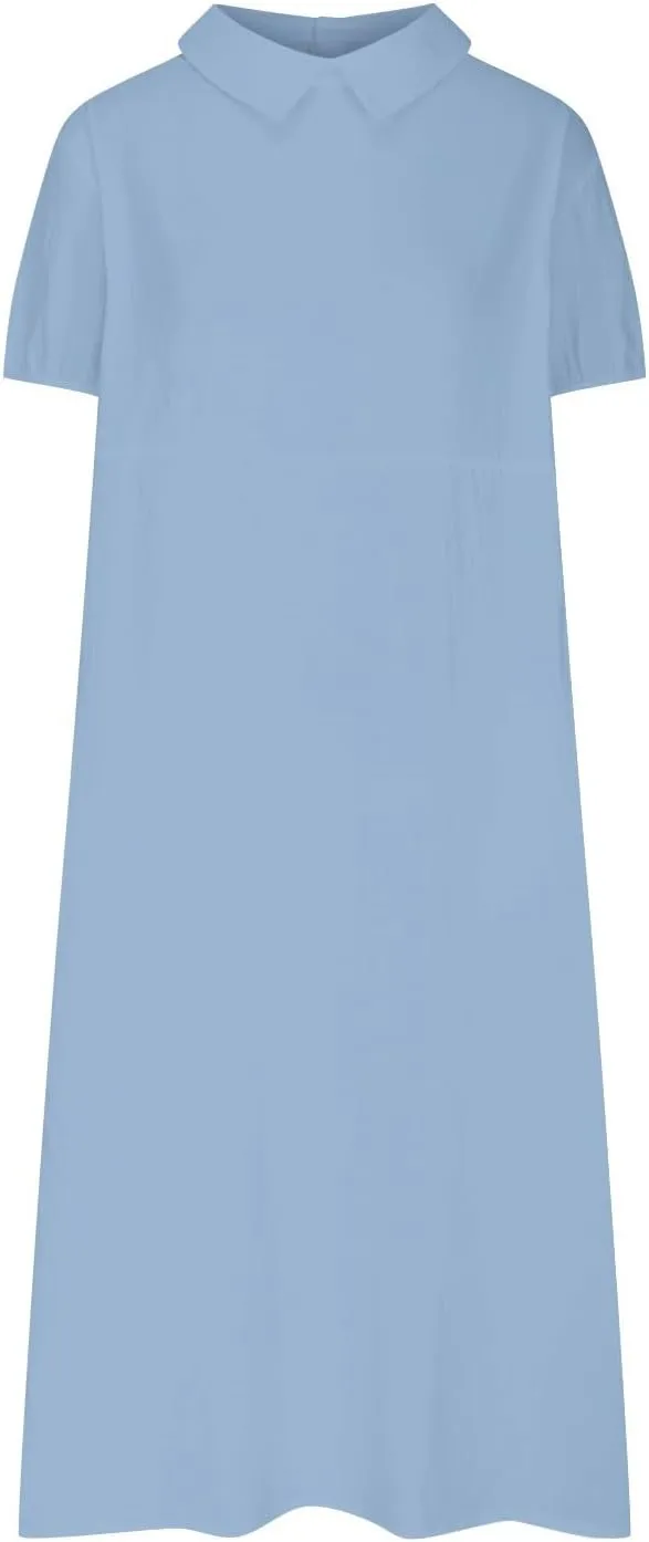 Cotton Linen Long Dress for Women Lapel Neck Short Sleeve Midi Dress Plus Size Maxi Dresses Beach Vacation Sundresses