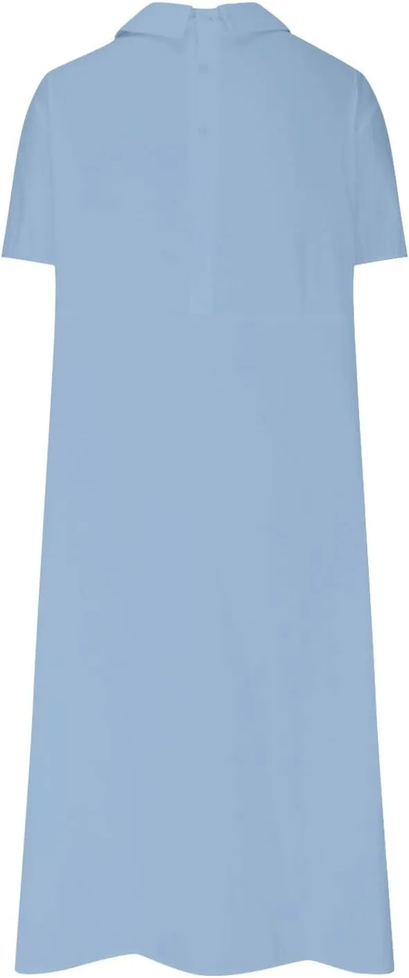 Cotton Linen Long Dress for Women Lapel Neck Short Sleeve Midi Dress Plus Size Maxi Dresses Beach Vacation Sundresses