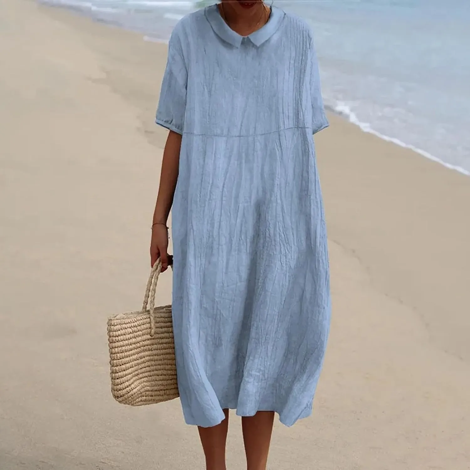 Cotton Linen Long Dress for Women Lapel Neck Short Sleeve Midi Dress Plus Size Maxi Dresses Beach Vacation Sundresses
