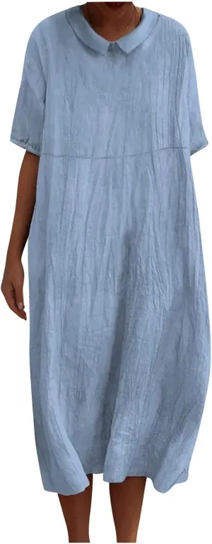Cotton Linen Long Dress for Women Lapel Neck Short Sleeve Midi Dress Plus Size Maxi Dresses Beach Vacation Sundresses