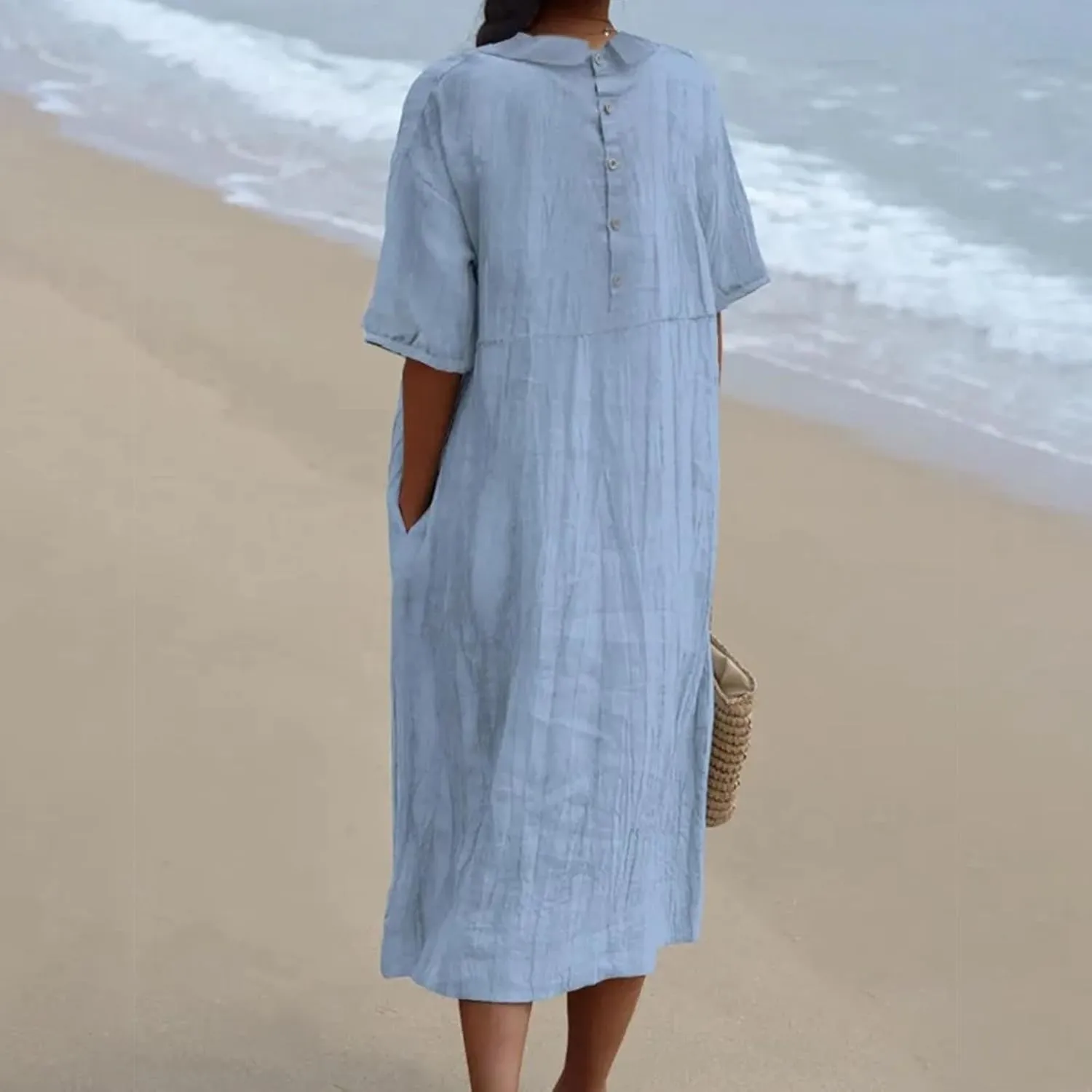 Cotton Linen Long Dress for Women Lapel Neck Short Sleeve Midi Dress Plus Size Maxi Dresses Beach Vacation Sundresses