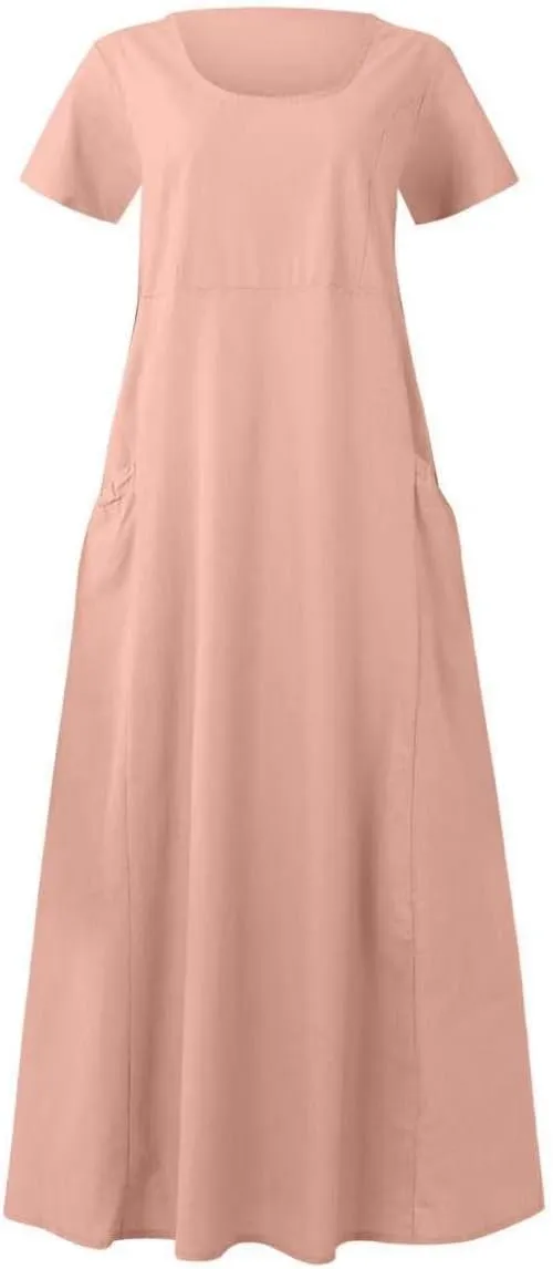 Cotton Linen Maxi Dress Summer Fashion Short Sleeve Beach Dresses Boho Casual Sundress Ladies Vacation Outfits 2025