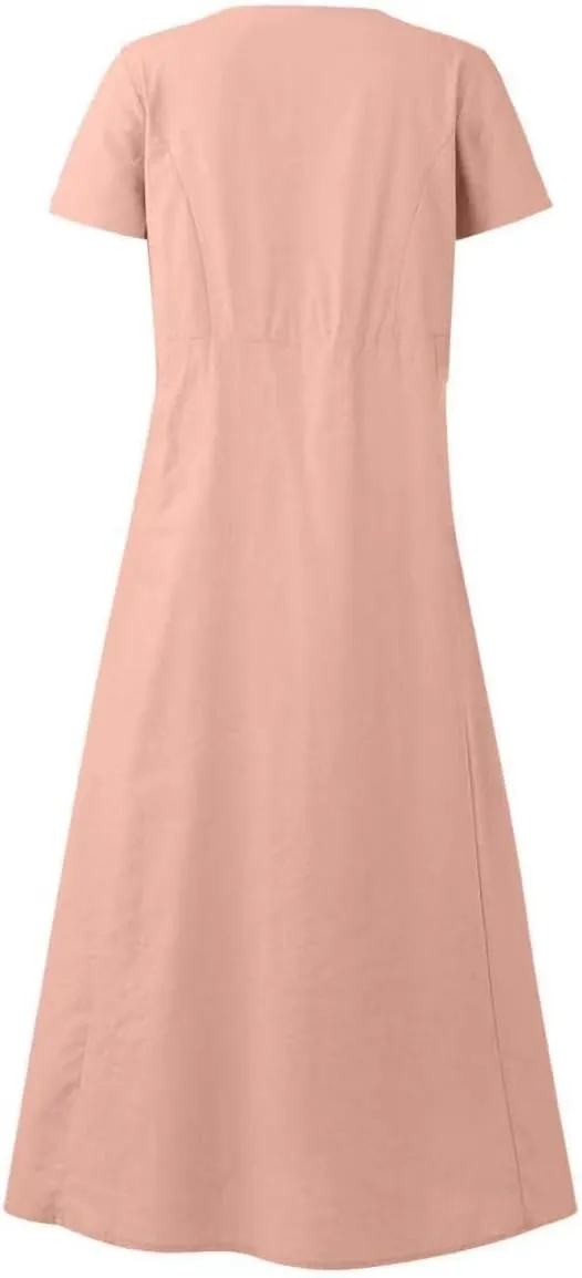 Cotton Linen Maxi Dress Summer Fashion Short Sleeve Beach Dresses Boho Casual Sundress Ladies Vacation Outfits 2025