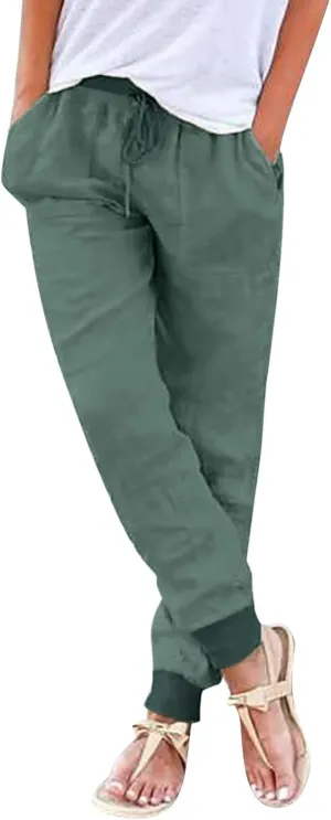 Cotton Linen Pants for Women Summer Drawstring Elastic Sweatpants High Waist Trousers with Pockets Casual Joggers