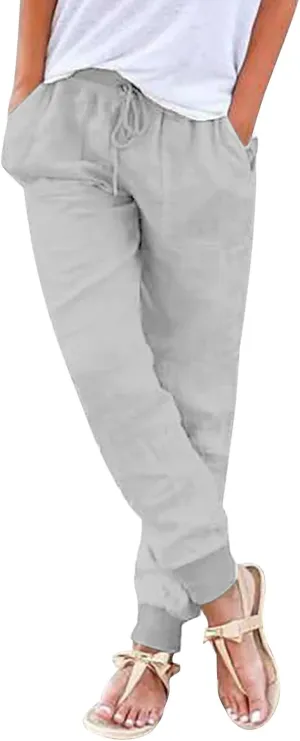 Cotton Linen Pants for Women Summer Drawstring Elastic Sweatpants High Waist Trousers with Pockets Casual Joggers