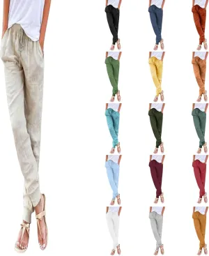 Cotton Linen Pants for Women Summer Drawstring Elastic Sweatpants High Waist Trousers with Pockets Casual Joggers