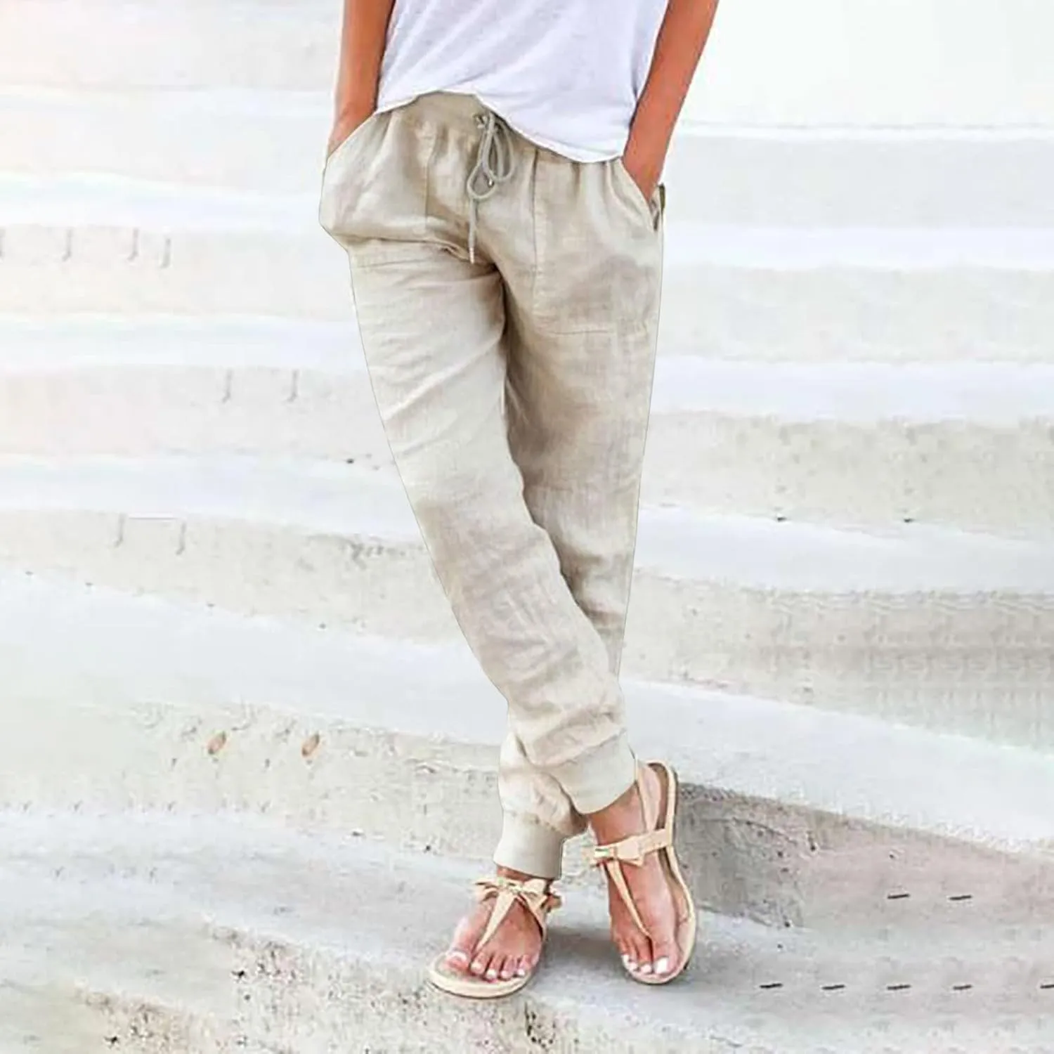 Cotton Linen Pants for Women Summer Drawstring Elastic Sweatpants High Waist Trousers with Pockets Casual Joggers