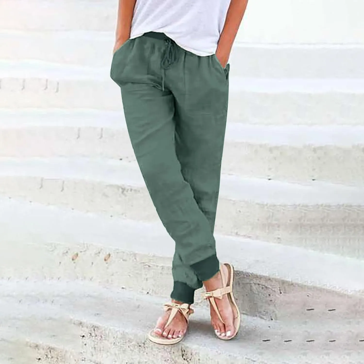 Cotton Linen Pants for Women Summer Drawstring Elastic Sweatpants High Waist Trousers with Pockets Casual Joggers