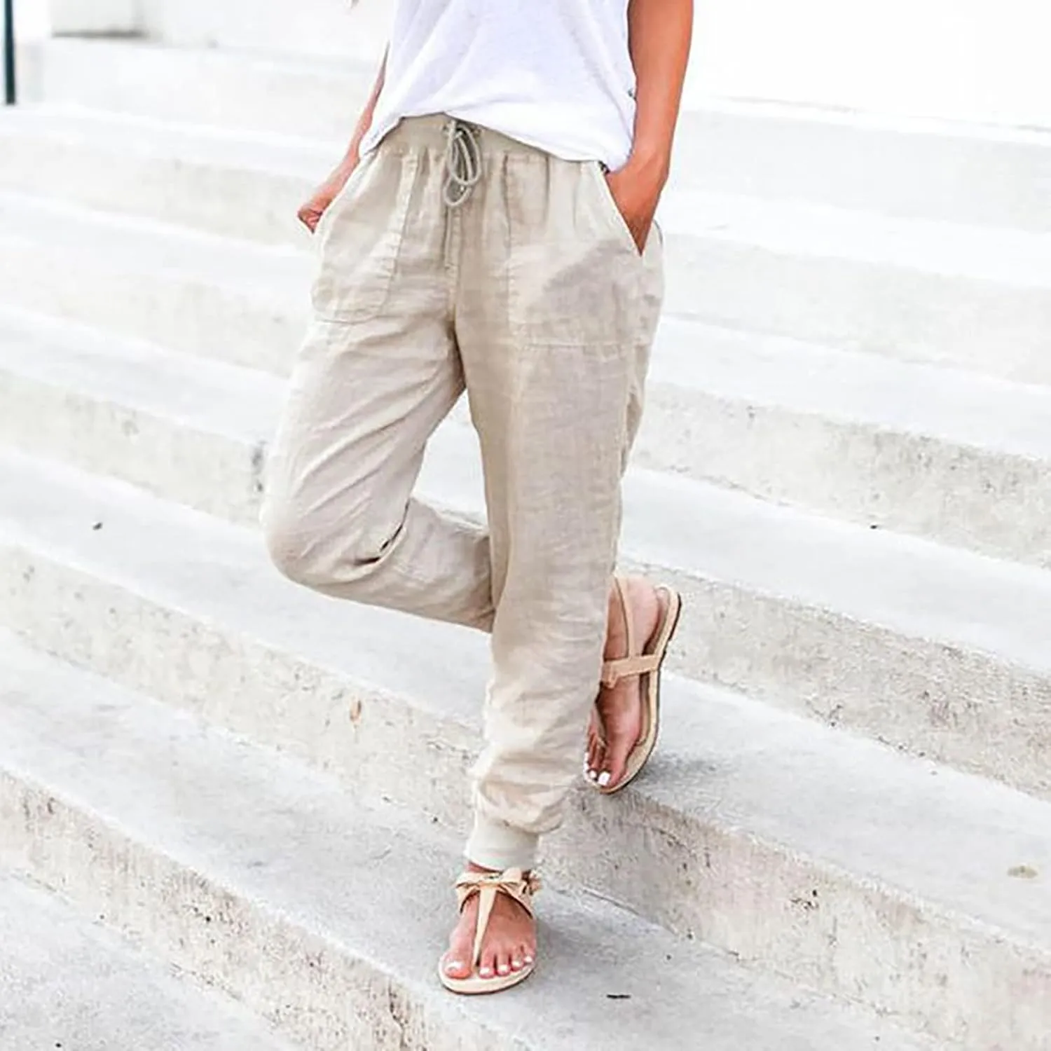 Cotton Linen Pants for Women Summer Drawstring Elastic Sweatpants High Waist Trousers with Pockets Casual Joggers