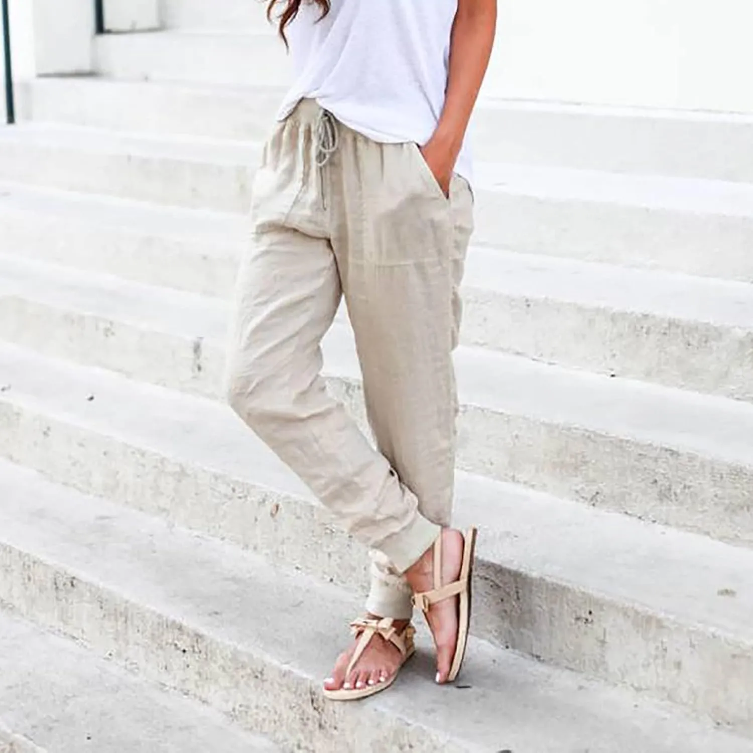 Cotton Linen Pants for Women Summer Drawstring Elastic Sweatpants High Waist Trousers with Pockets Casual Joggers