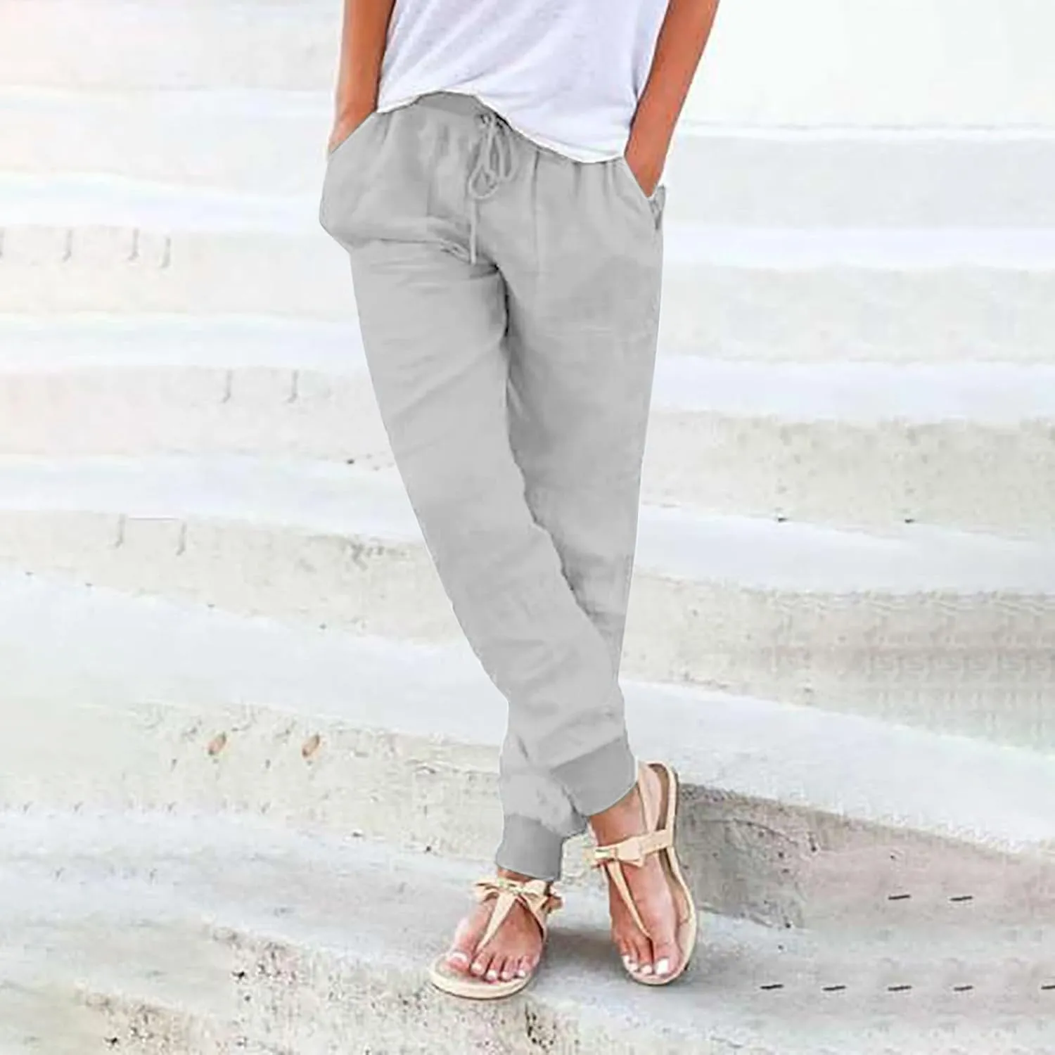 Cotton Linen Pants for Women Summer Drawstring Elastic Sweatpants High Waist Trousers with Pockets Casual Joggers