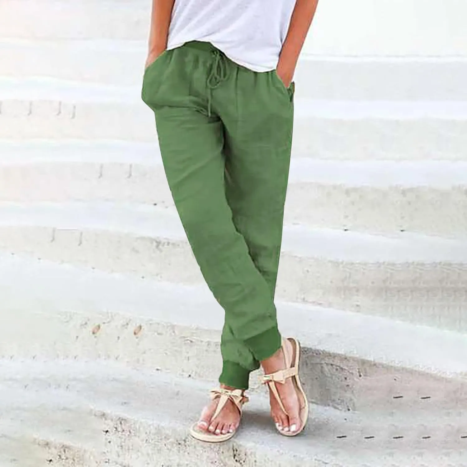 Cotton Linen Pants for Women Summer Drawstring Elastic Sweatpants High Waist Trousers with Pockets Casual Joggers