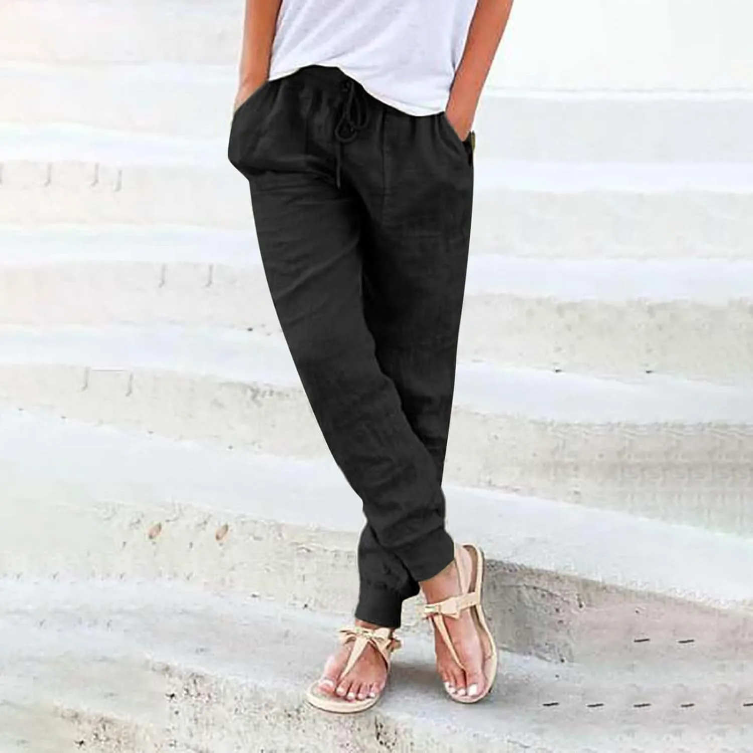 Cotton Linen Pants for Women Summer Drawstring Elastic Sweatpants High Waist Trousers with Pockets Casual Joggers