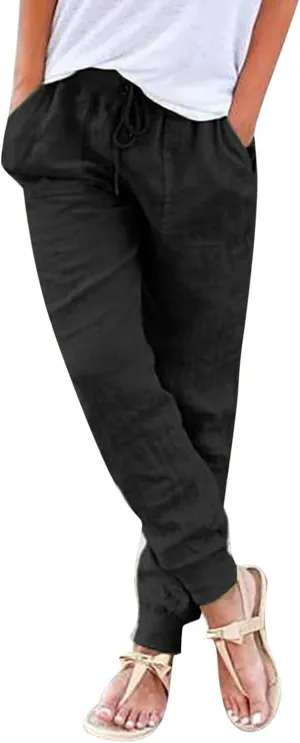 Cotton Linen Pants for Women Summer Drawstring Elastic Sweatpants High Waist Trousers with Pockets Casual Joggers