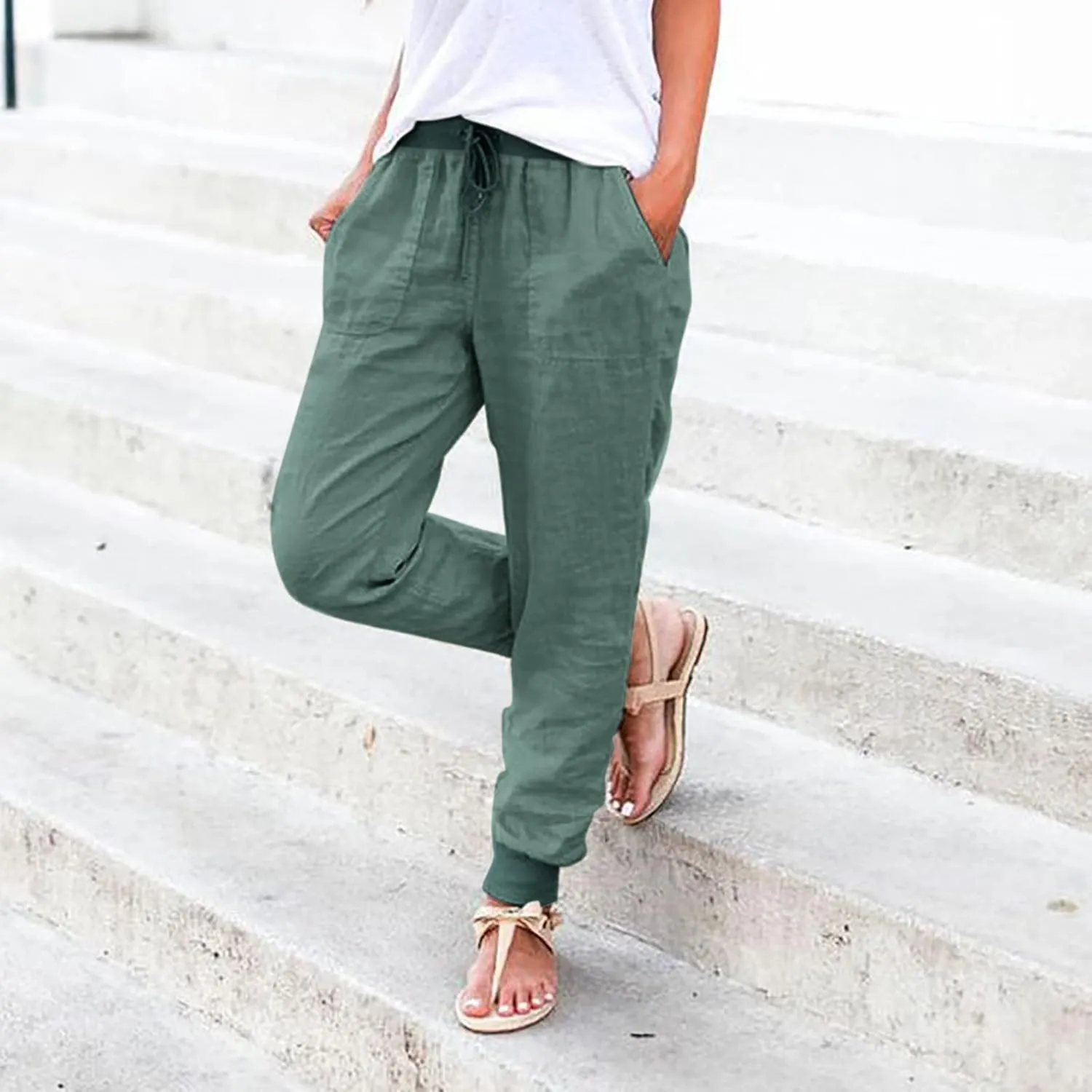 Cotton Linen Pants for Women Summer Drawstring Elastic Sweatpants High Waist Trousers with Pockets Casual Joggers