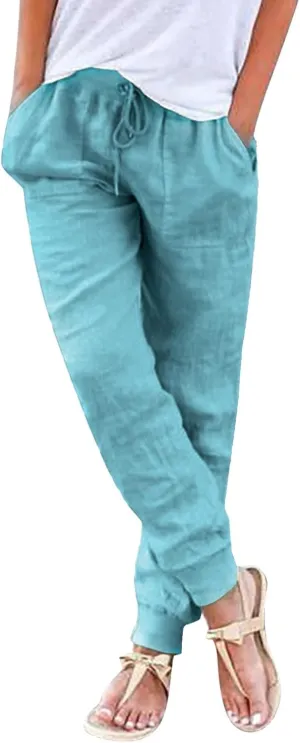 Cotton Linen Pants for Women Summer Drawstring Elastic Sweatpants High Waist Trousers with Pockets Casual Joggers