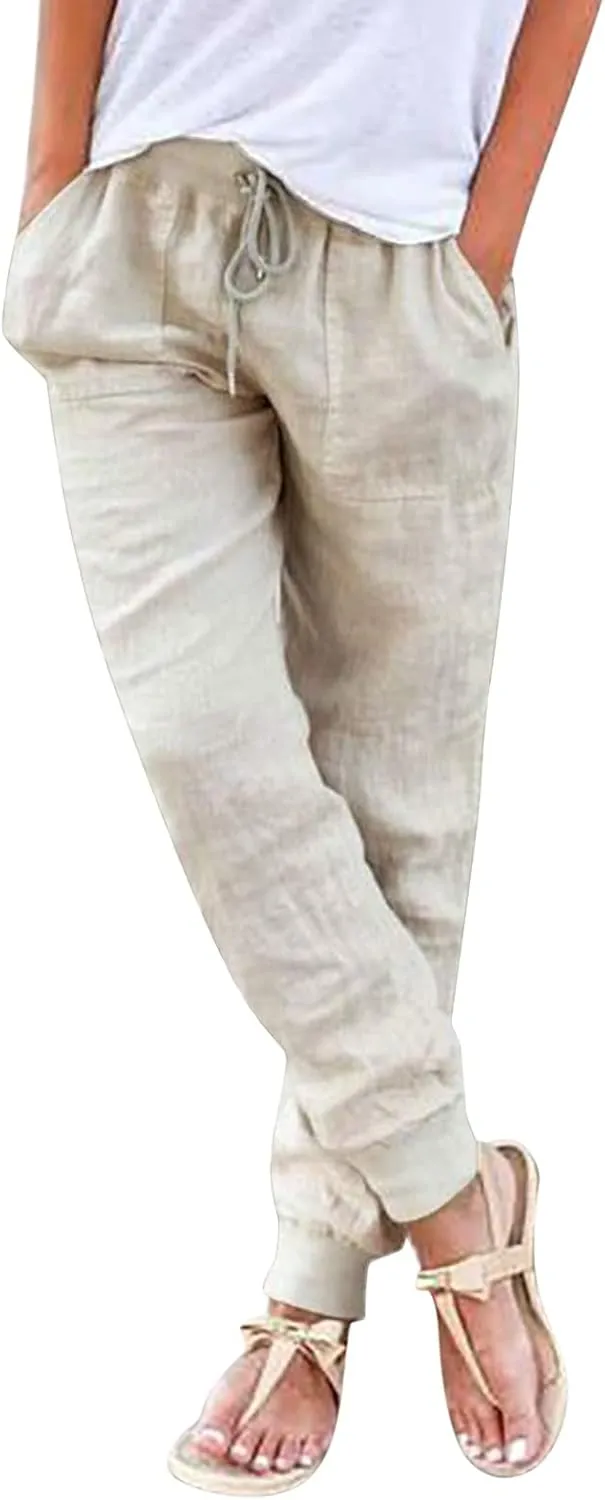 Cotton Linen Pants for Women Summer Drawstring Elastic Sweatpants High Waist Trousers with Pockets Casual Joggers