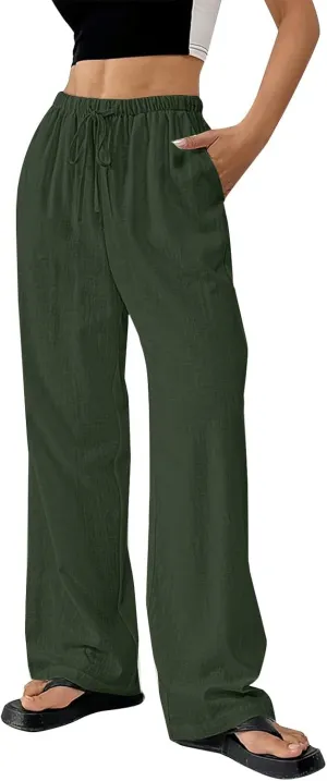 Cotton Linen Pants for Womens Elastic Waist Drawstring Wide Leg Trousers Casual Baggy Comfy Lightweight Summer Pants