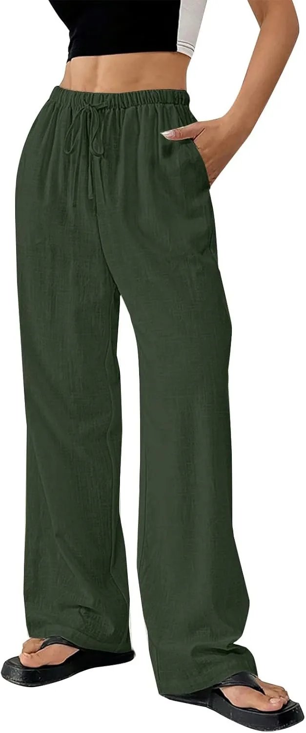 Cotton Linen Pants for Womens Elastic Waist Drawstring Wide Leg Trousers Casual Baggy Comfy Lightweight Summer Pants