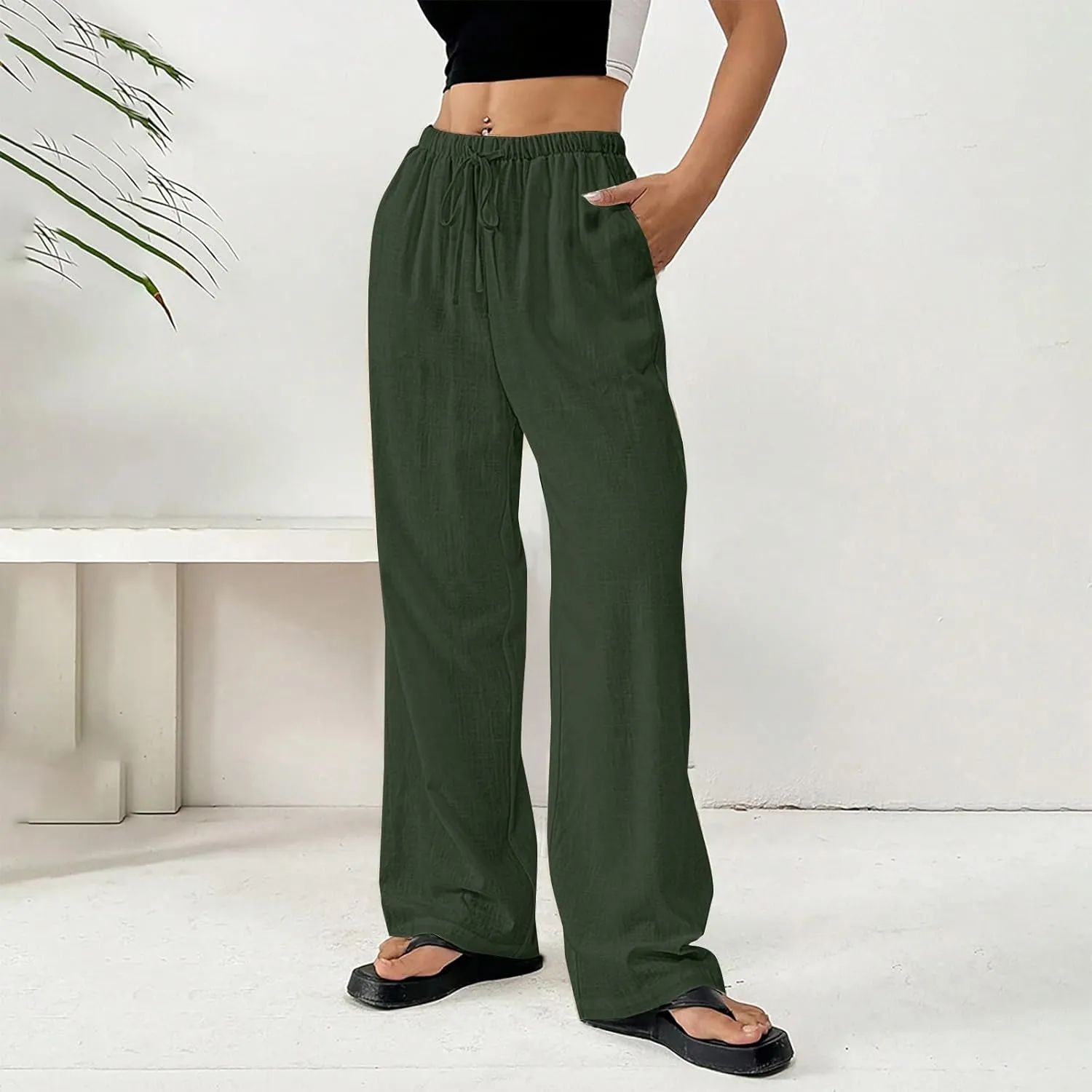 Cotton Linen Pants for Womens Elastic Waist Drawstring Wide Leg Trousers Casual Baggy Comfy Lightweight Summer Pants