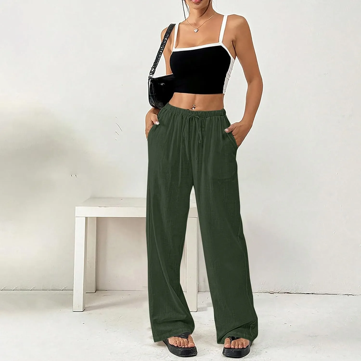 Cotton Linen Pants for Womens Elastic Waist Drawstring Wide Leg Trousers Casual Baggy Comfy Lightweight Summer Pants