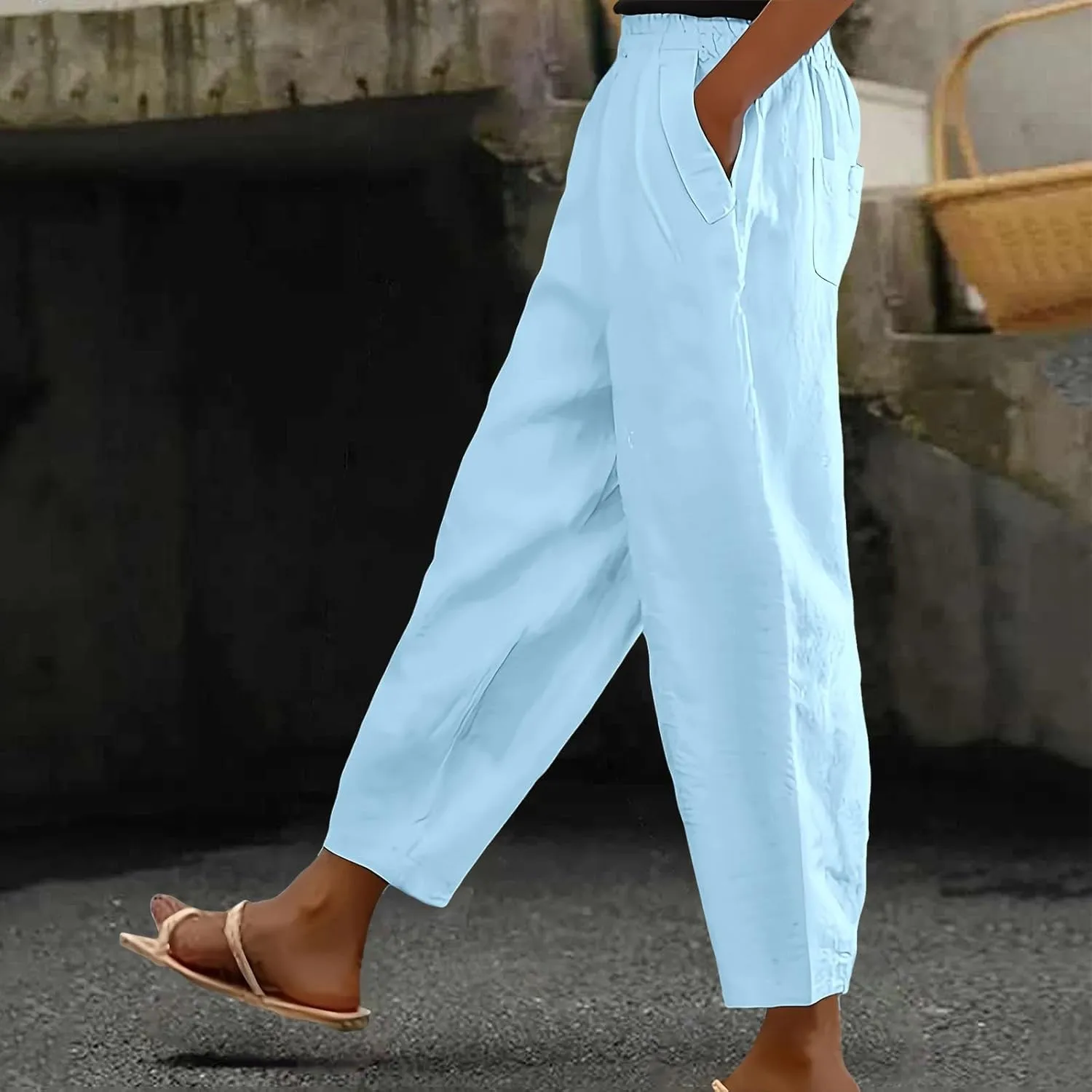 Cotton Linen Pants for Womens Elastic Waist Straight Leg Trousers 2025 Summer Loose Fir Comfy Hiking Jogger Sweatpant