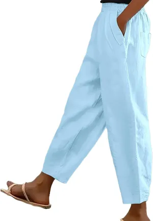 Cotton Linen Pants for Womens Elastic Waist Straight Leg Trousers 2025 Summer Loose Fir Comfy Hiking Jogger Sweatpant