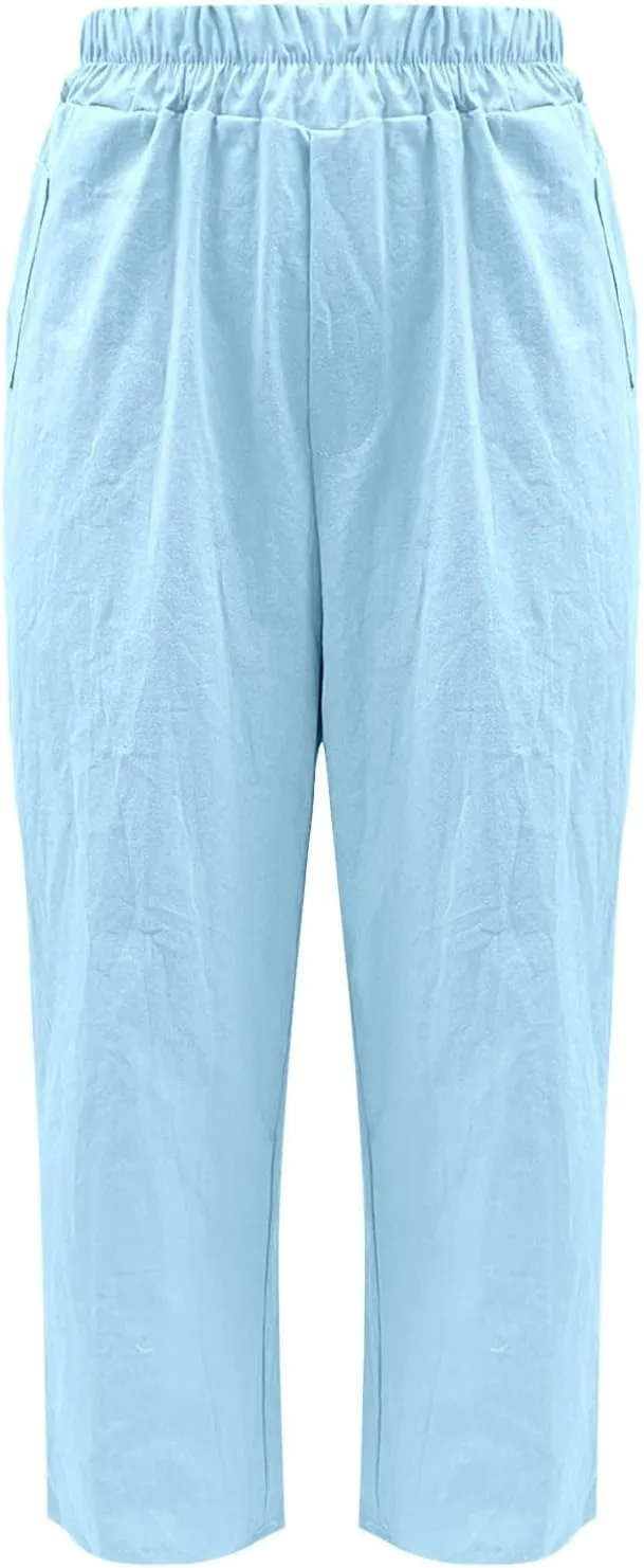 Cotton Linen Pants for Womens Elastic Waist Straight Leg Trousers 2025 Summer Loose Fir Comfy Hiking Jogger Sweatpant