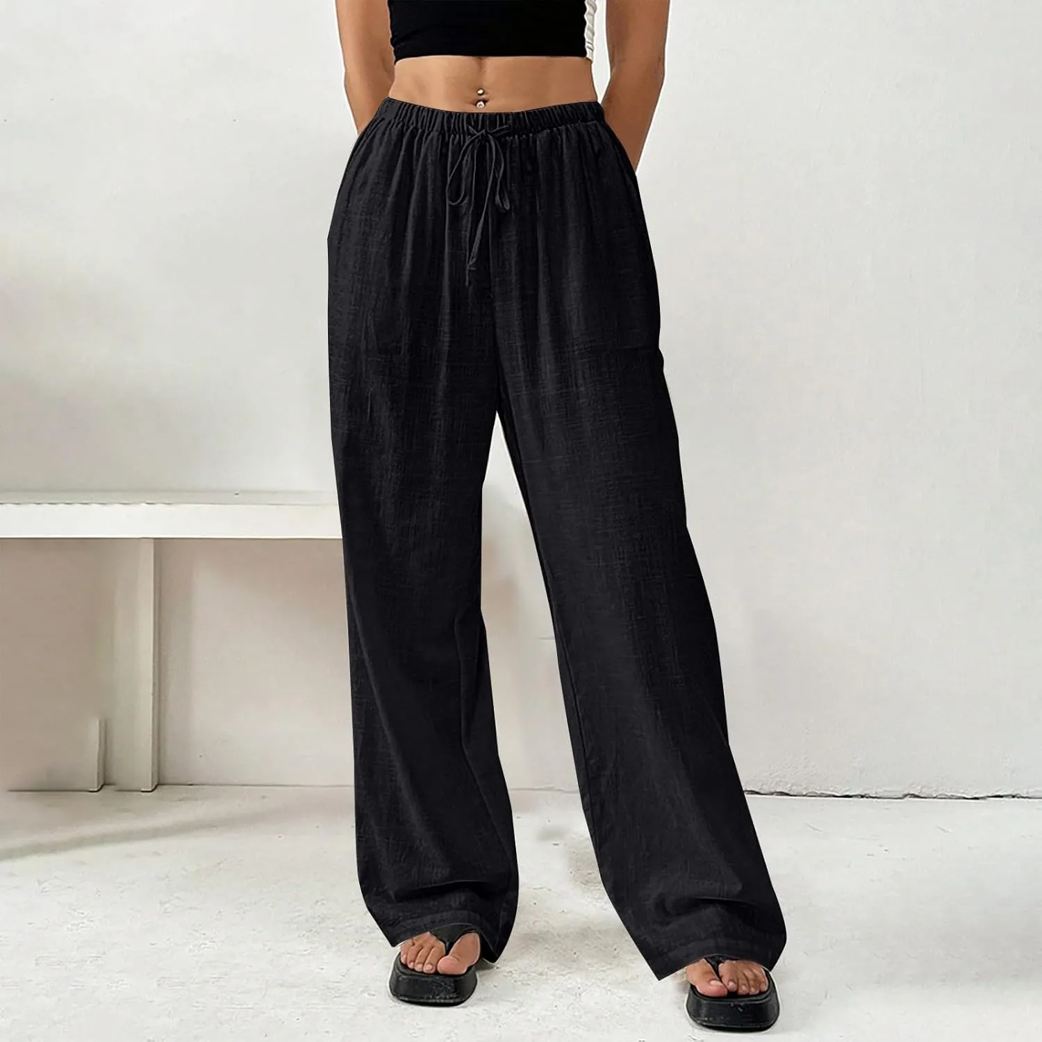 Cotton Linen Pants for Womens Loose Fit Breathable Cool Summer Outdoor Hiking Trousers Elastic Waist Drawstring Pants