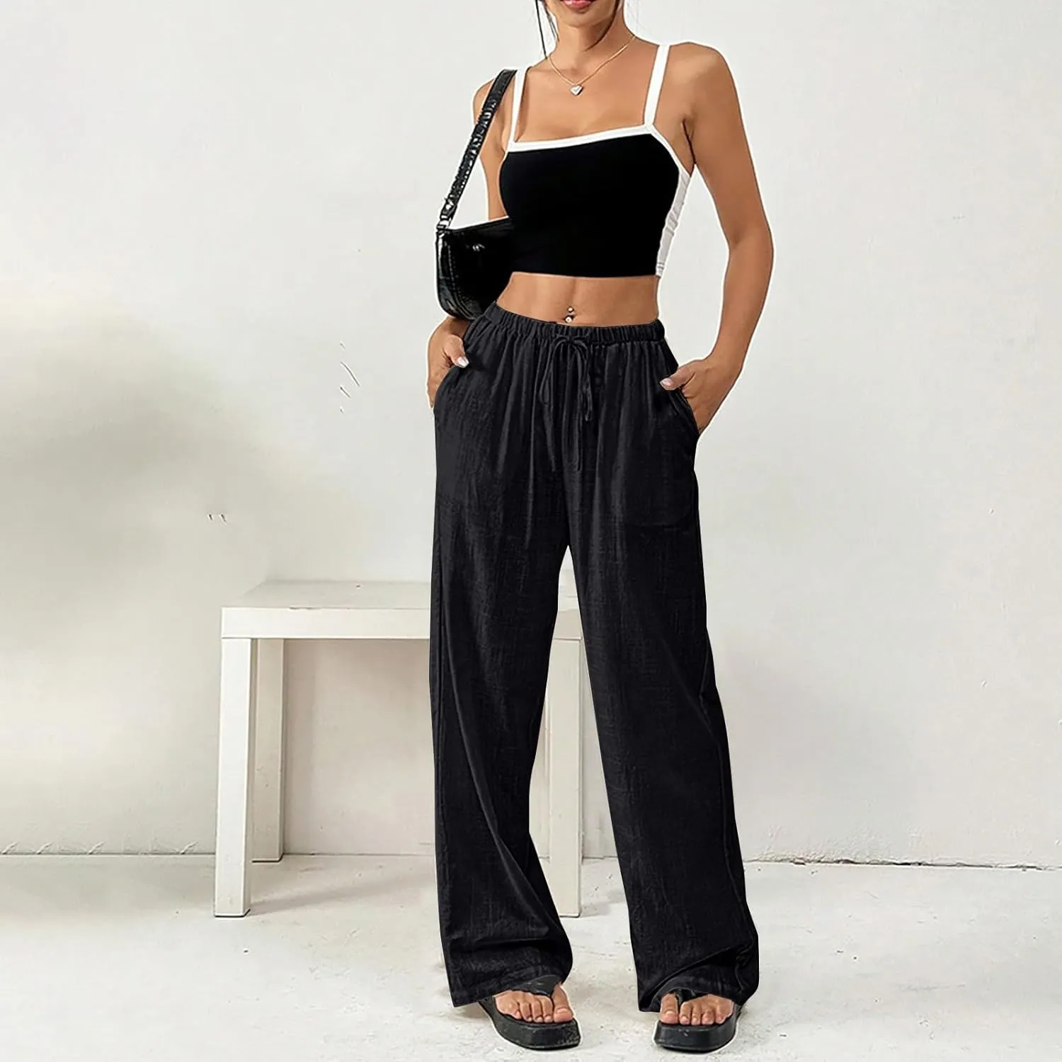 Cotton Linen Pants for Womens Loose Fit Breathable Cool Summer Outdoor Hiking Trousers Elastic Waist Drawstring Pants