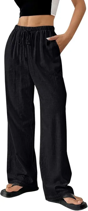Cotton Linen Pants for Womens Loose Fit Breathable Cool Summer Outdoor Hiking Trousers Elastic Waist Drawstring Pants