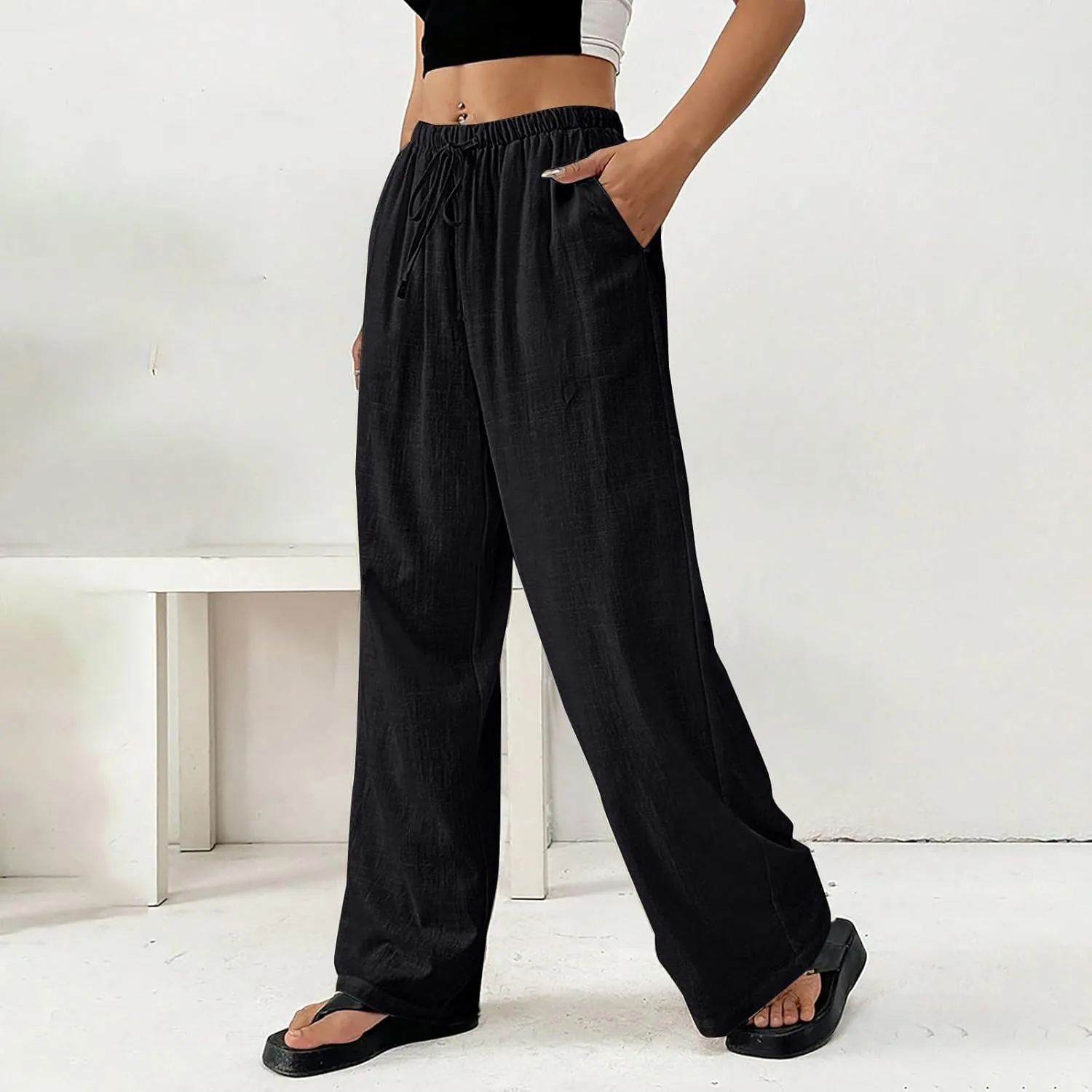 Cotton Linen Pants for Womens Loose Fit Breathable Cool Summer Outdoor Hiking Trousers Elastic Waist Drawstring Pants