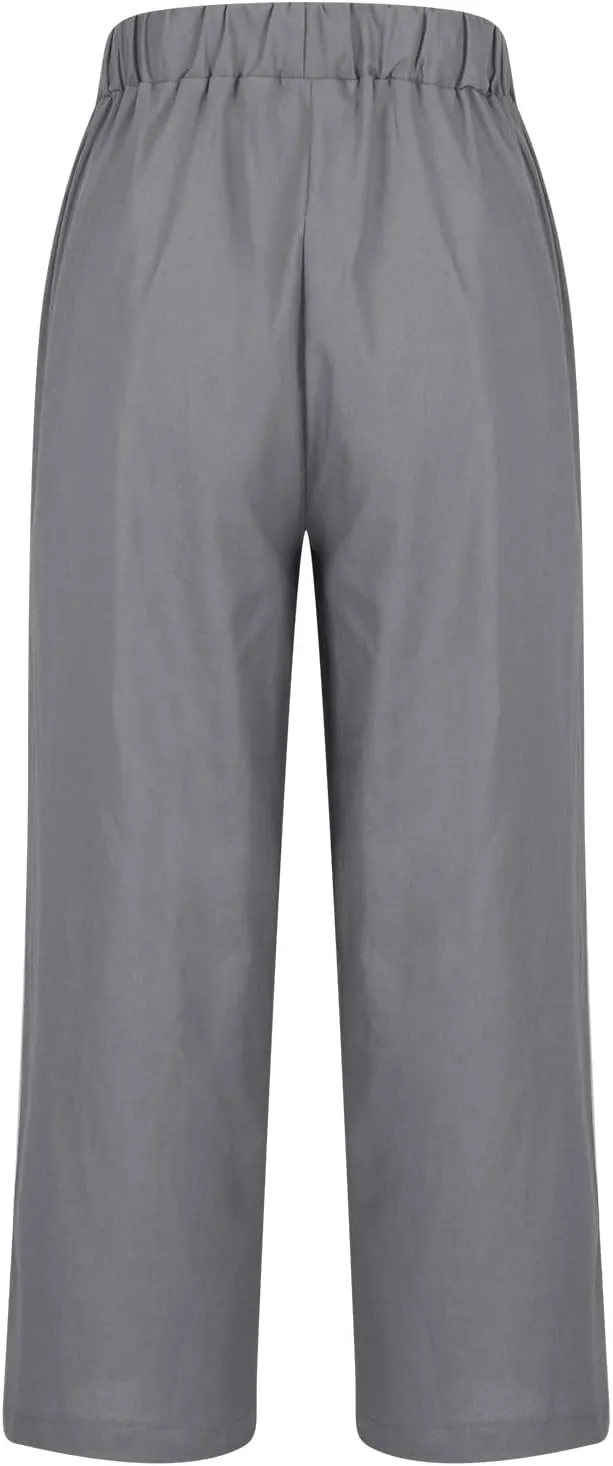 Cotton Linen Pants Women Summer Elastic Waist Crop Pants with Pocket Plus Size Straight Leg Slack Casual Trouser