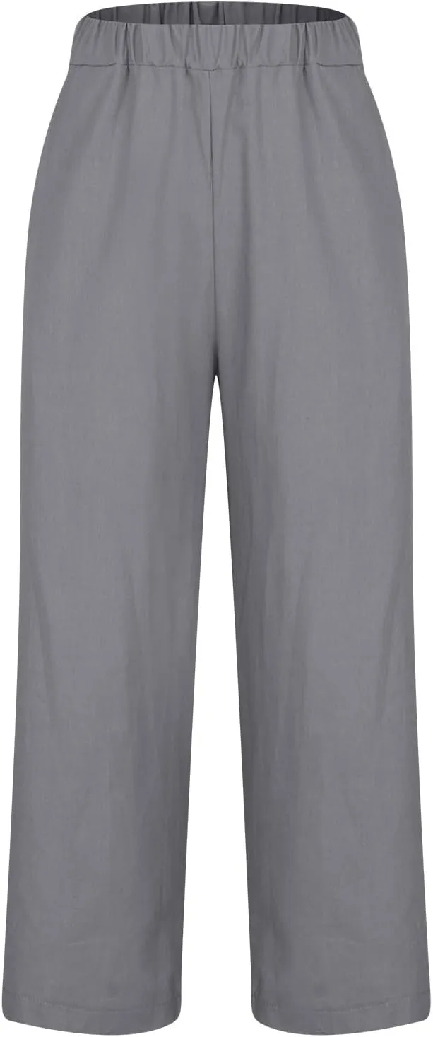 Cotton Linen Pants Women Summer Elastic Waist Crop Pants with Pocket Plus Size Straight Leg Slack Casual Trouser