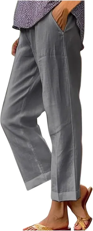 Cotton Linen Pants Women Summer Elastic Waist Crop Pants with Pocket Plus Size Straight Leg Slack Casual Trouser