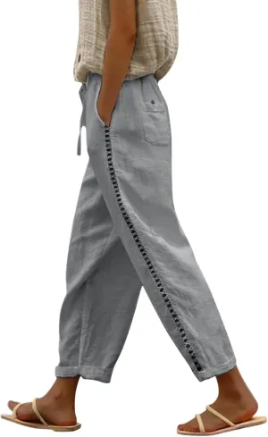 Cotton Linen Pants Women Summer Elastic Waist Loose Straight Leg Capri Pants Side Hollow Beach Trousers with Pockets