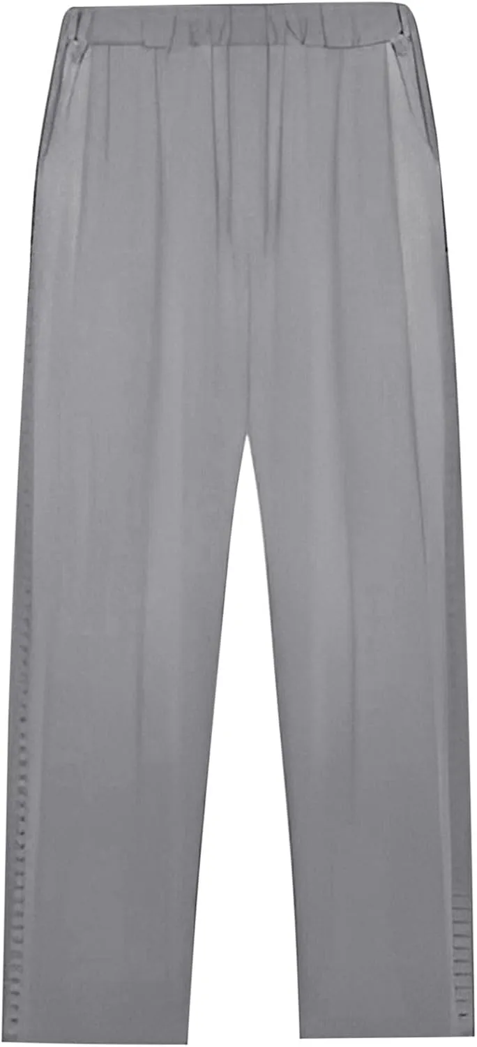 Cotton Linen Pants Women Summer Elastic Waist Loose Straight Leg Capri Pants Side Hollow Beach Trousers with Pockets